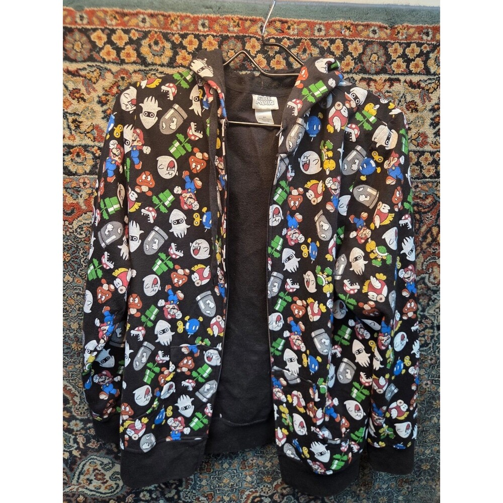 Super Mario Bros AOP Y2K Zip Up Hoodie Sweatshirt Medium Nintendo Black